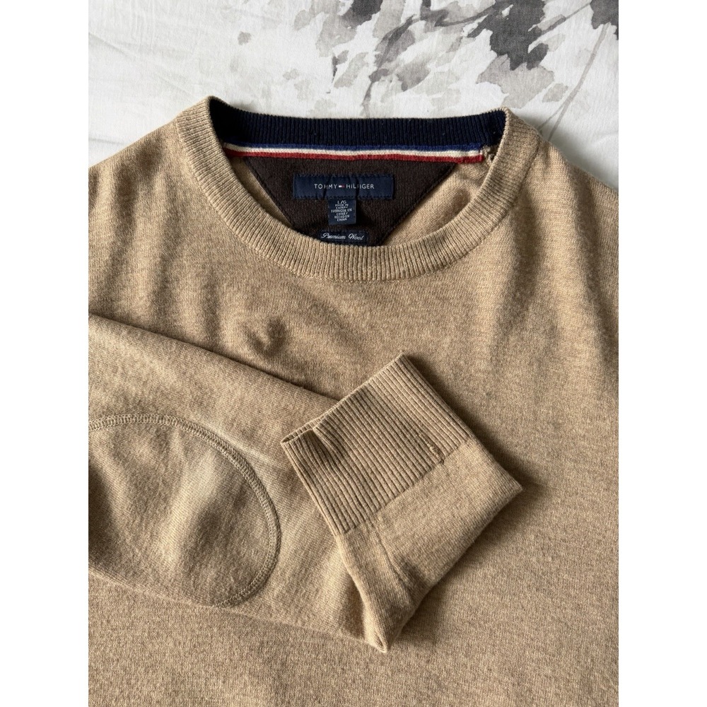Tommy Hilfiger Premium Wool Pullover Sweater Knit Sweat Shirt Elbow Patch Camel